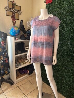 Striped Crochet Yoke Tunic in Pink and Blue